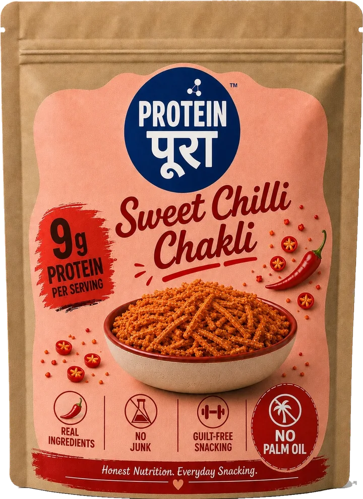 Sweet Chilli Chakli pack: a kraft pouch with a pink label.