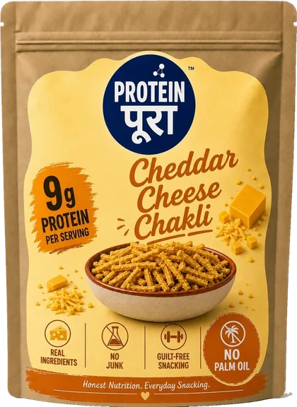 Cheddar Cheese Chakli pack: a kraft pouch with a yellow label.