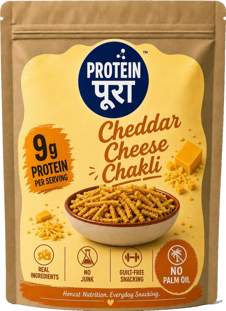 Cheddar Cheese Chakli pack: a kraft pouch with a yellow label.