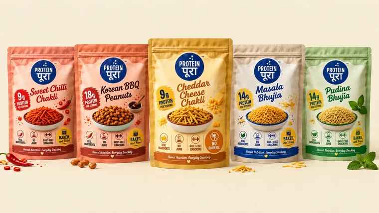 All five Protein पूरा packs standing in a row.