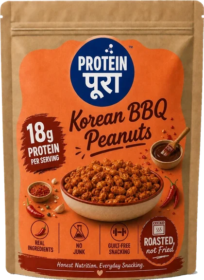 Korean BBQ Peanuts pack: a kraft pouch with an orange label.