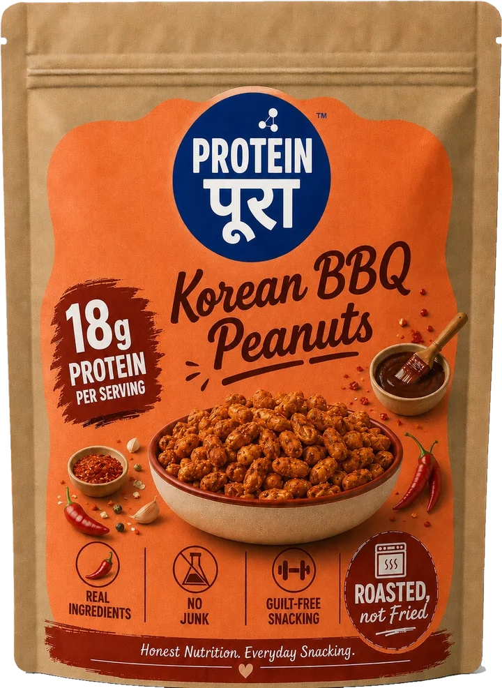 Korean BBQ Peanuts pack: a kraft pouch with an orange label.