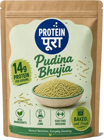 Pudina Bhujia pack: a kraft pouch with a mint green label.