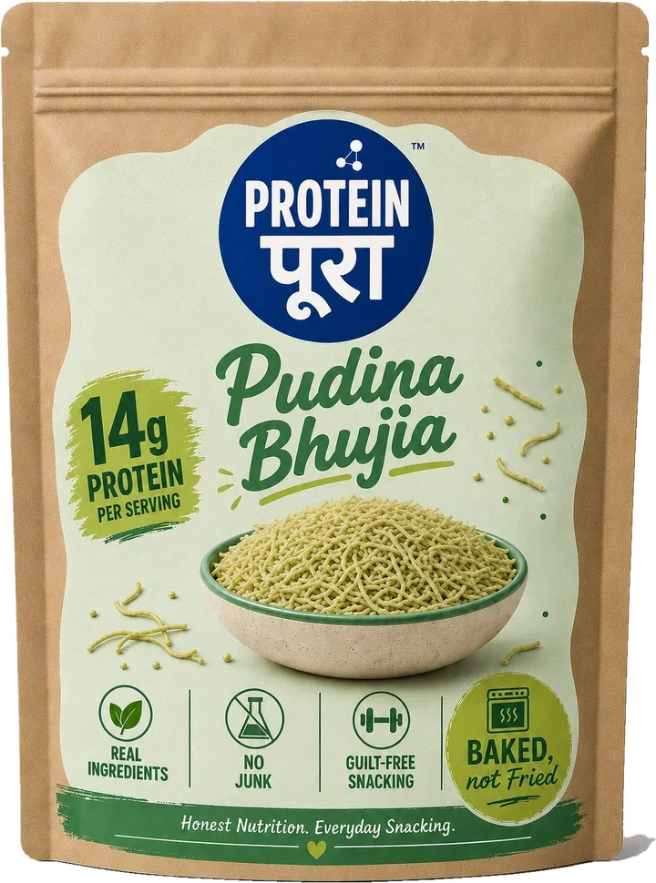 Pudina Bhujia pack: a kraft pouch with a mint green label.