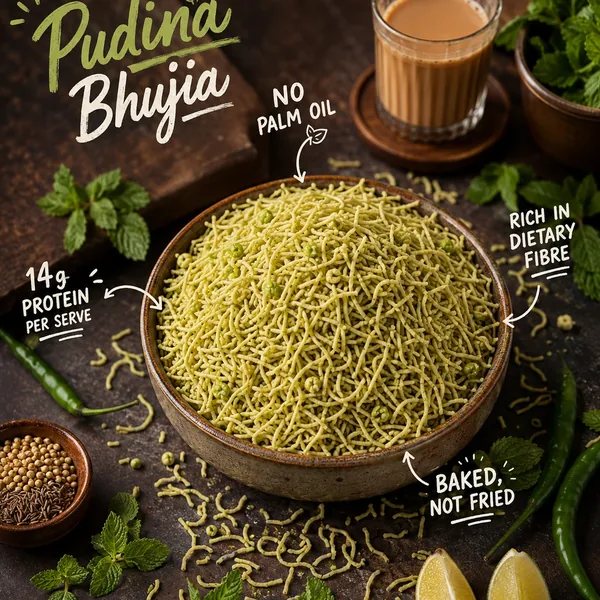 Bowl of pudina bhujia with chai and mint